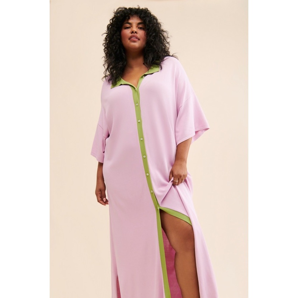 Callahan Knitwear Polo Dress Womens XL Purple Green Maxi Button Front Knit